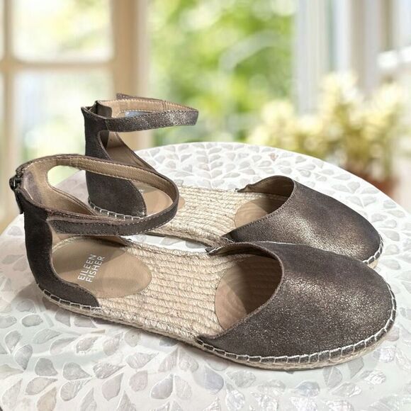 Eileen Fisher $195 Lala Leather Jute Espadrille Flat Sandals NWT - Picture 1 of 16